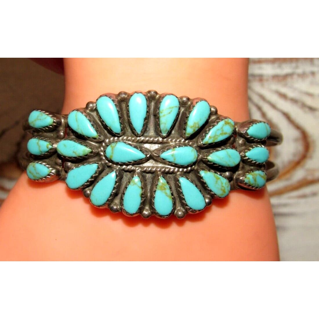 VTG Navajo Turquoise Cluster Cuff Bracelet Sterling Silver L
