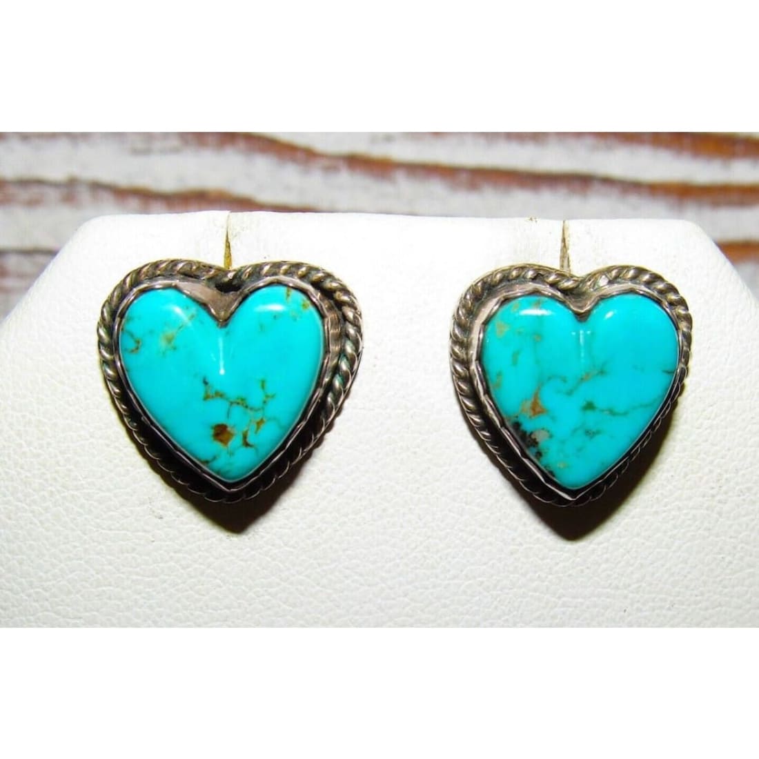 VTG Navajo Turquoise Heart Earrings Sterling Silver Posts 