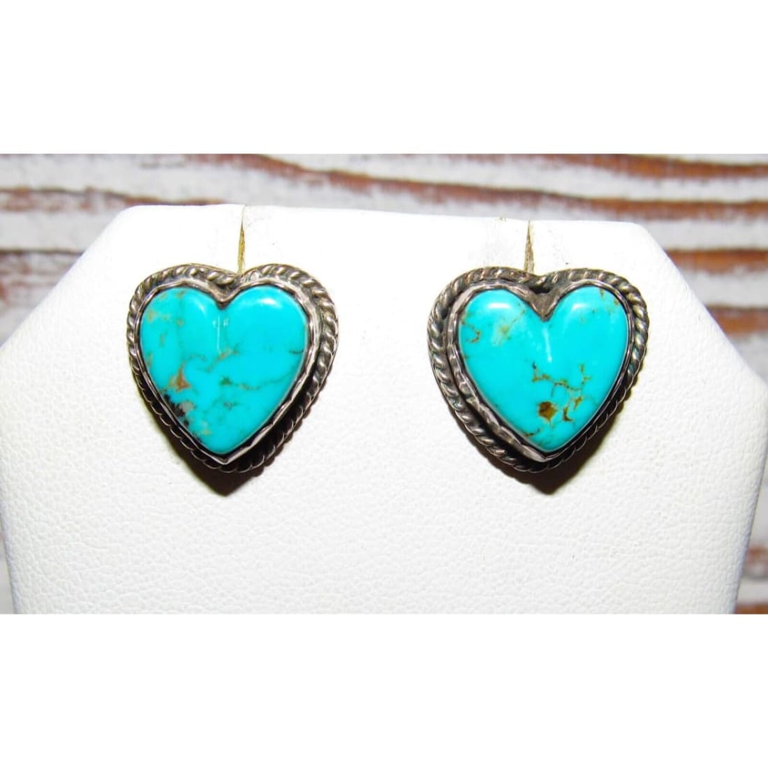 VTG Navajo Turquoise Heart Earrings Sterling Silver Posts 