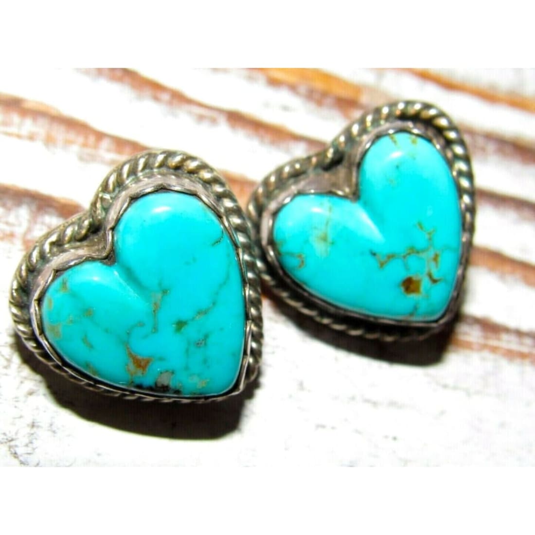 VTG Navajo Turquoise Heart Earrings Sterling Silver Posts 