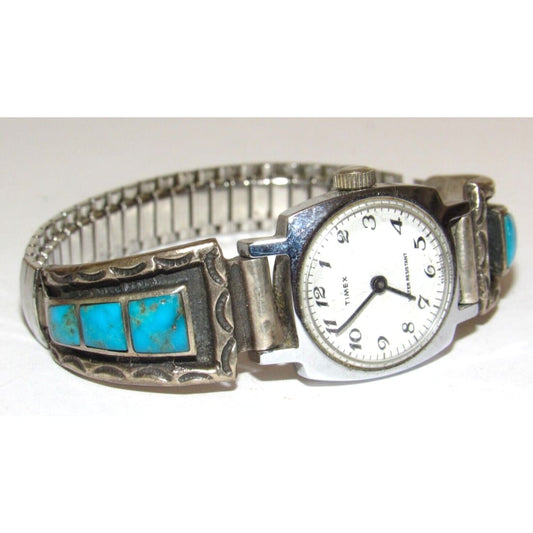 VTG Navajo Turquoise Inlay Adjustable Watch Sterling Silver 