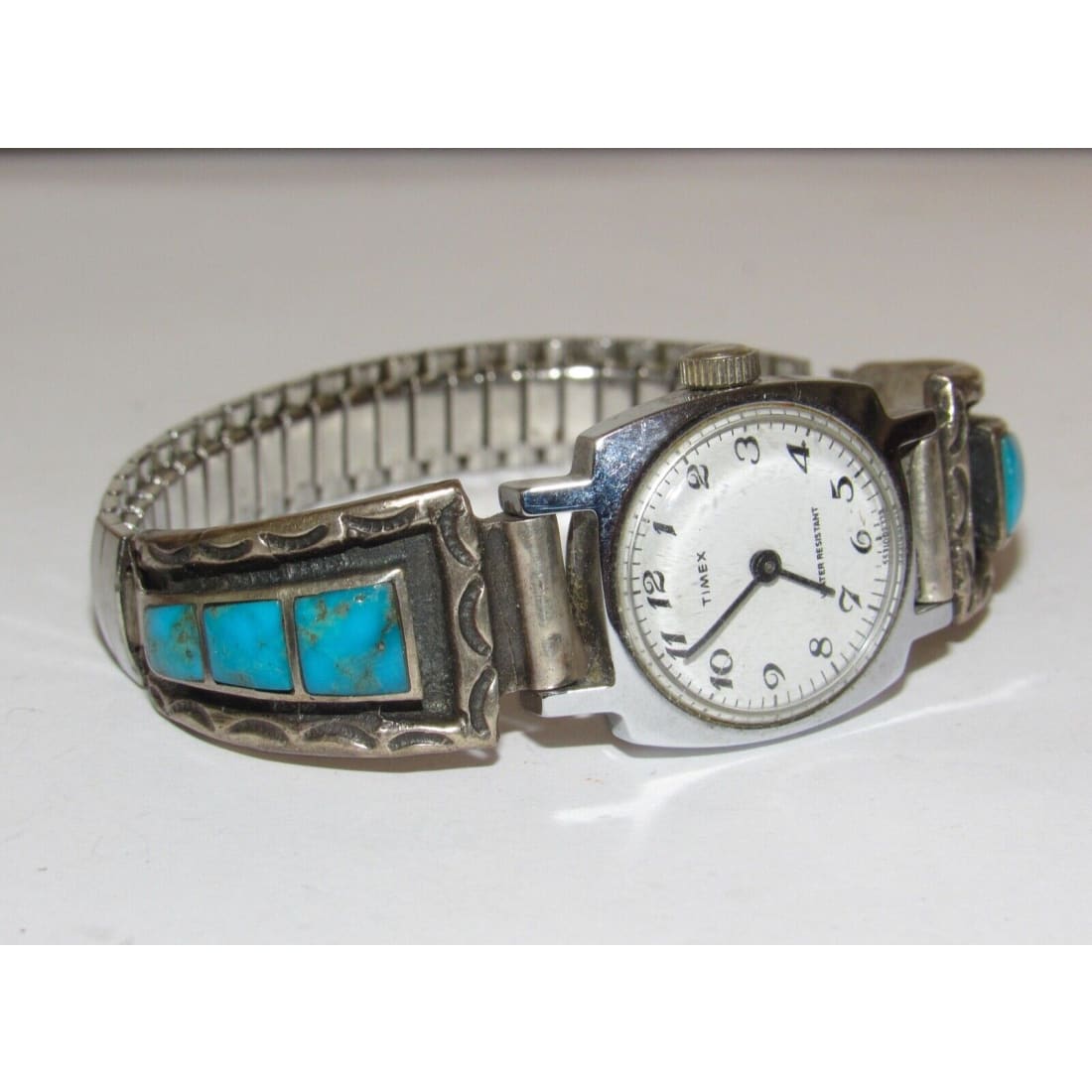 VTG Navajo Turquoise Inlay Adjustable Watch Sterling Silver 