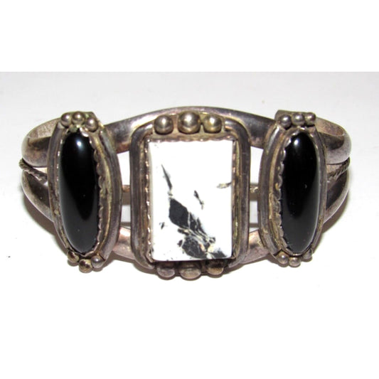 VTG Navajo White Buffalo & Onyx Statement Cuff Bracelet 