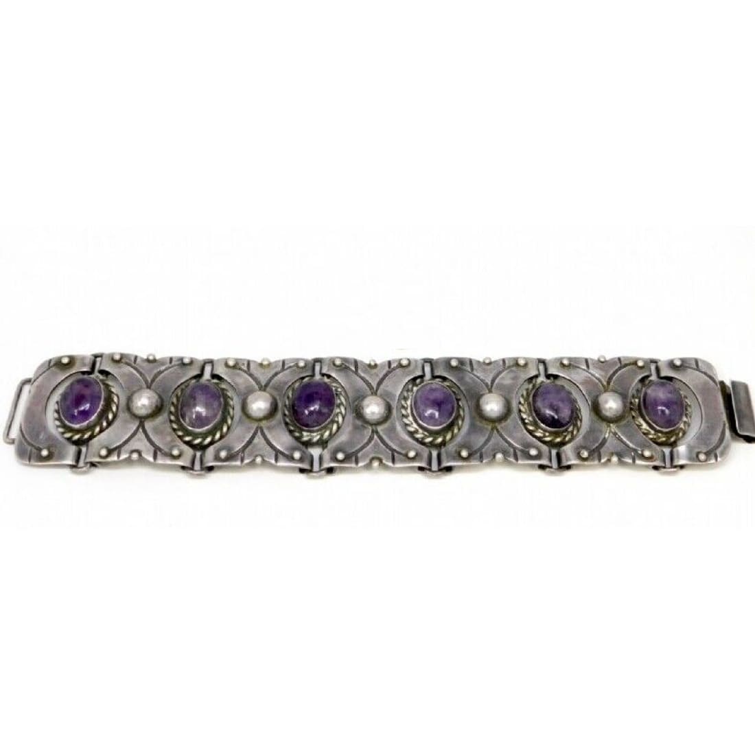 VTG TAXCO Amethyst Panel Bracelet Sterling Silver Pre-Eagle 