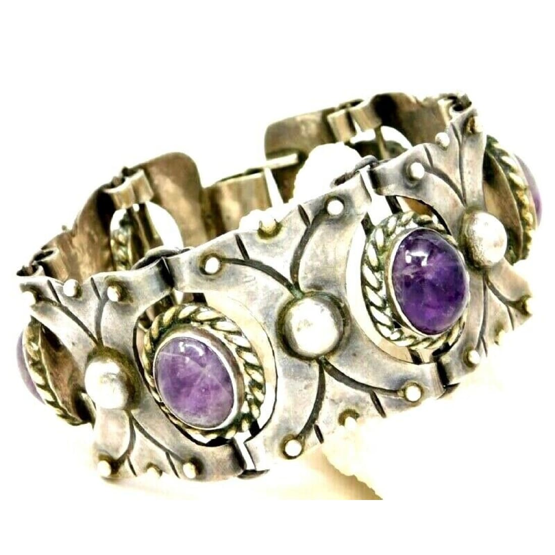 VTG TAXCO Amethyst Panel Bracelet Sterling Silver Pre-Eagle 