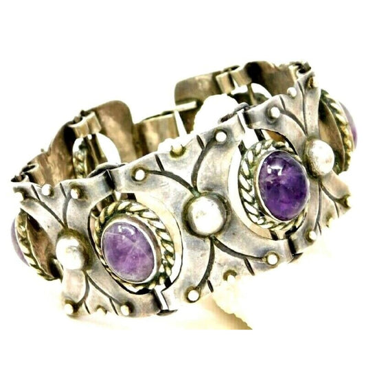 VTG TAXCO Amethyst Panel Bracelet Sterling Silver Pre-Eagle 