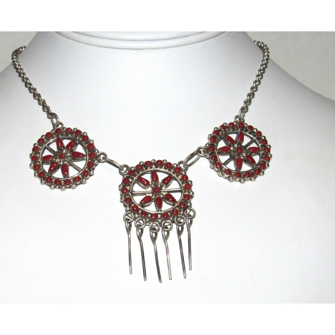 VTG Zuni Coral Necklace and Earrings Set Sterling Silver 