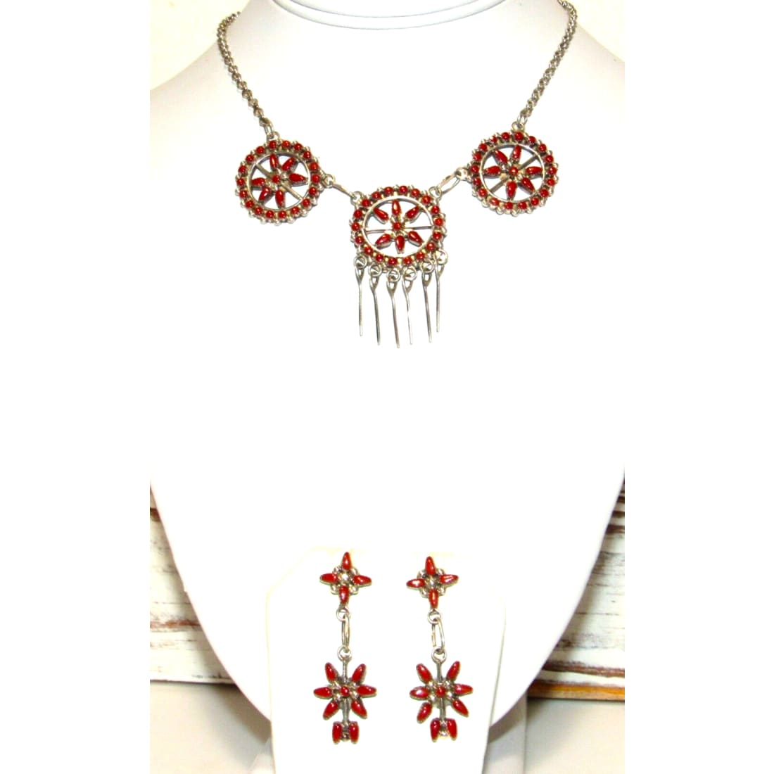 VTG Zuni Coral Necklace and Earrings Set Sterling Silver 