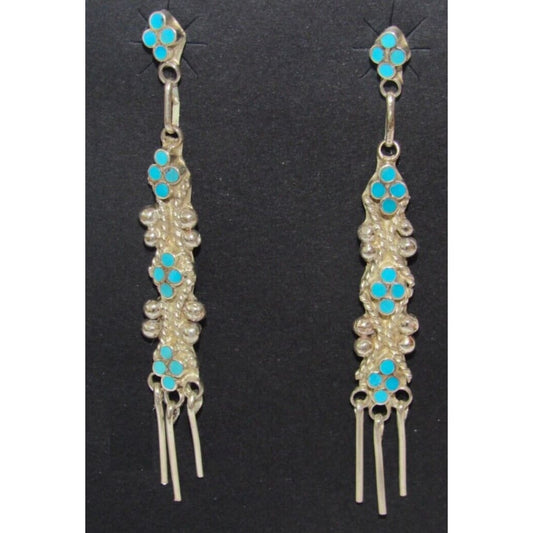 VTG Zuni Dishta Style Inlay Turquoise Dangle Earrings