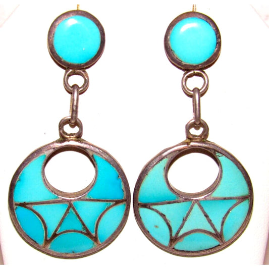 VTG Zuni Frank Vacit Inlay Turquoise Dangle Earrings Sterling Silver Native Native American