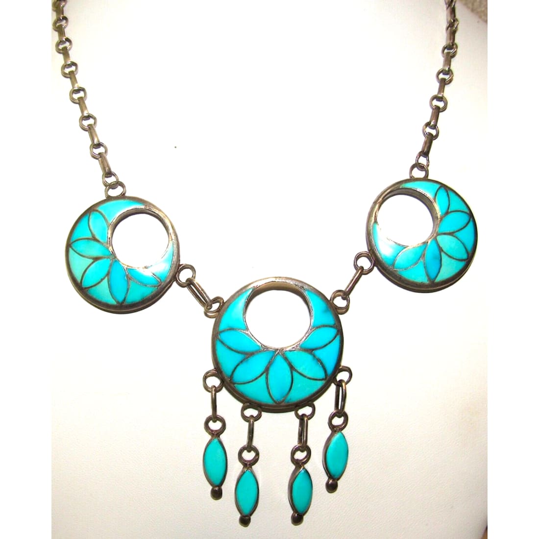 VTG Zuni Frank Vacit Inlay Turquoise Dangle Necklace 