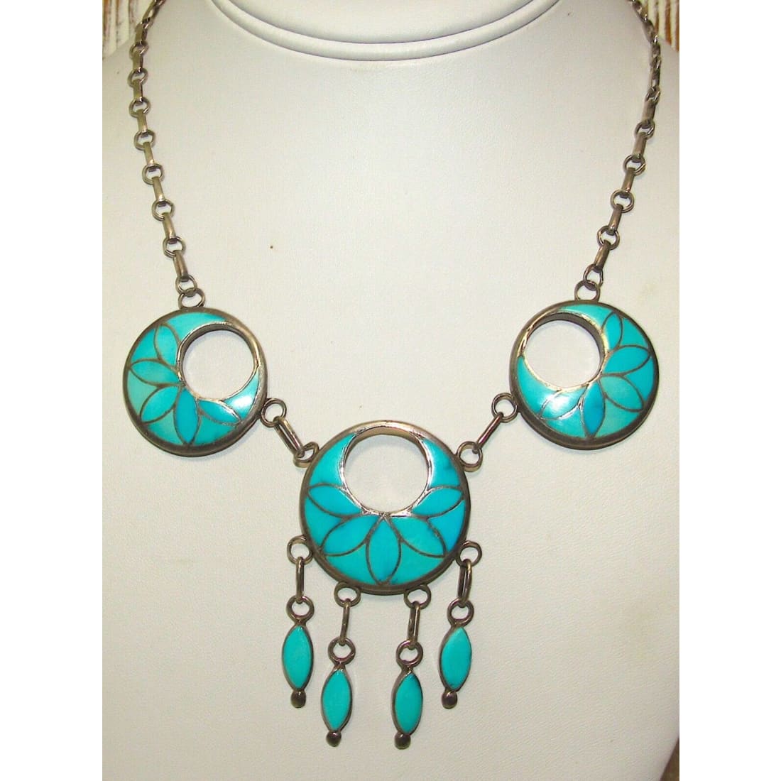VTG Zuni Frank Vacit Inlay Turquoise Dangle Necklace 