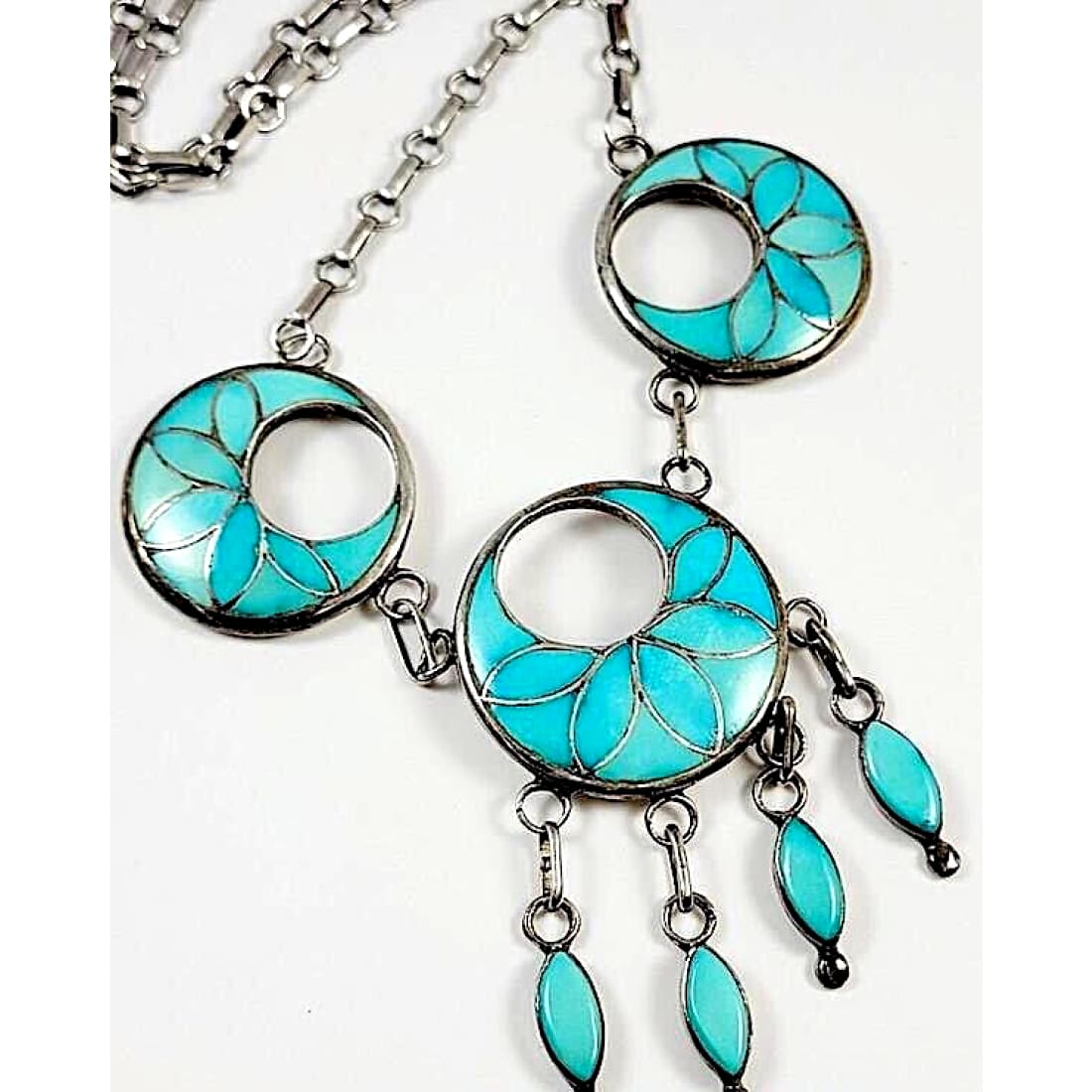 VTG Zuni Frank Vacit Inlay Turquoise Dangle Necklace 