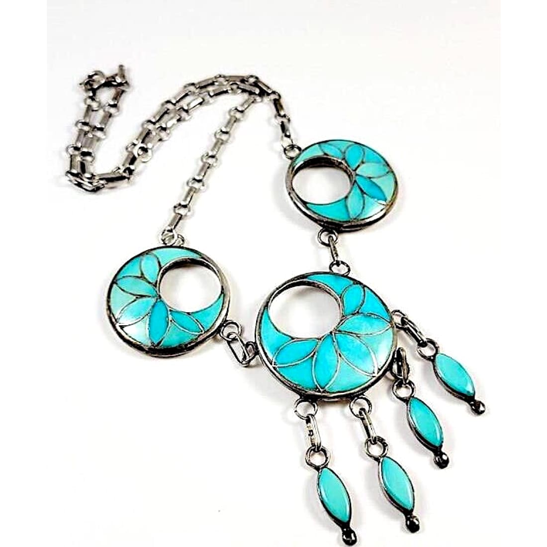 VTG Zuni Frank Vacit Inlay Turquoise Dangle Necklace 