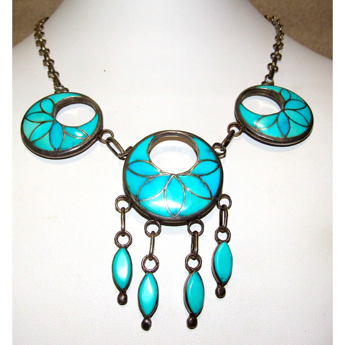 VTG Zuni Frank Vacit Inlay Turquoise Dangle Necklace 