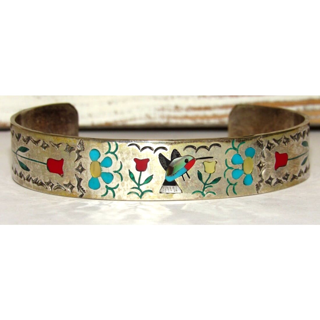VTG Zuni Inlay Hummingbird Cuff Bracelet Sterling Silver 