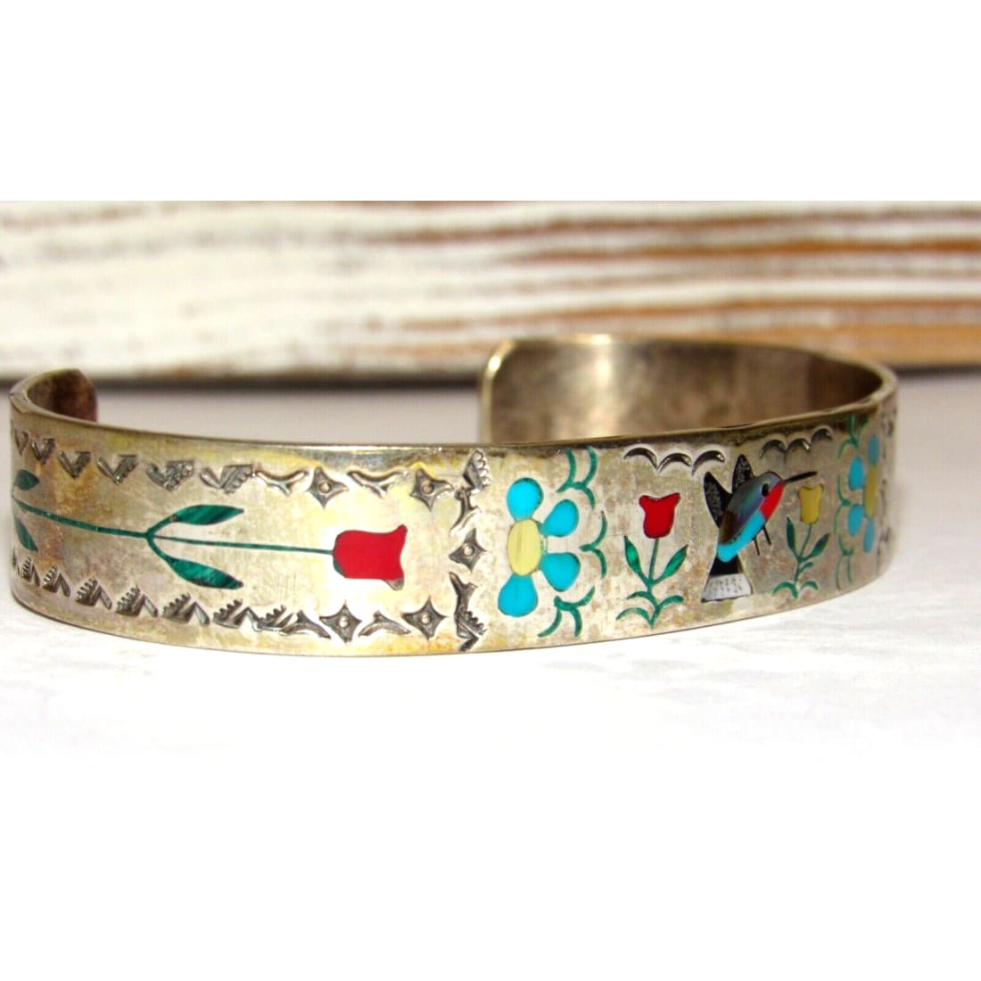 VTG Zuni Inlay Hummingbird Cuff Bracelet Sterling Silver 