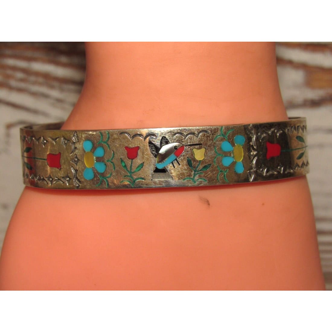 VTG Zuni Inlay Hummingbird Cuff Bracelet Sterling Silver 