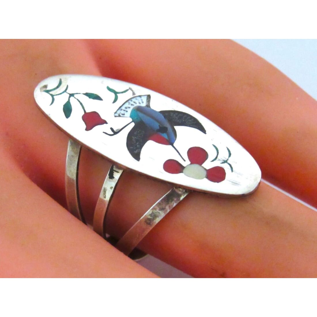 VTG Zuni Inlay Hummingbird Ring Size 8 Sterling Silver Sammy