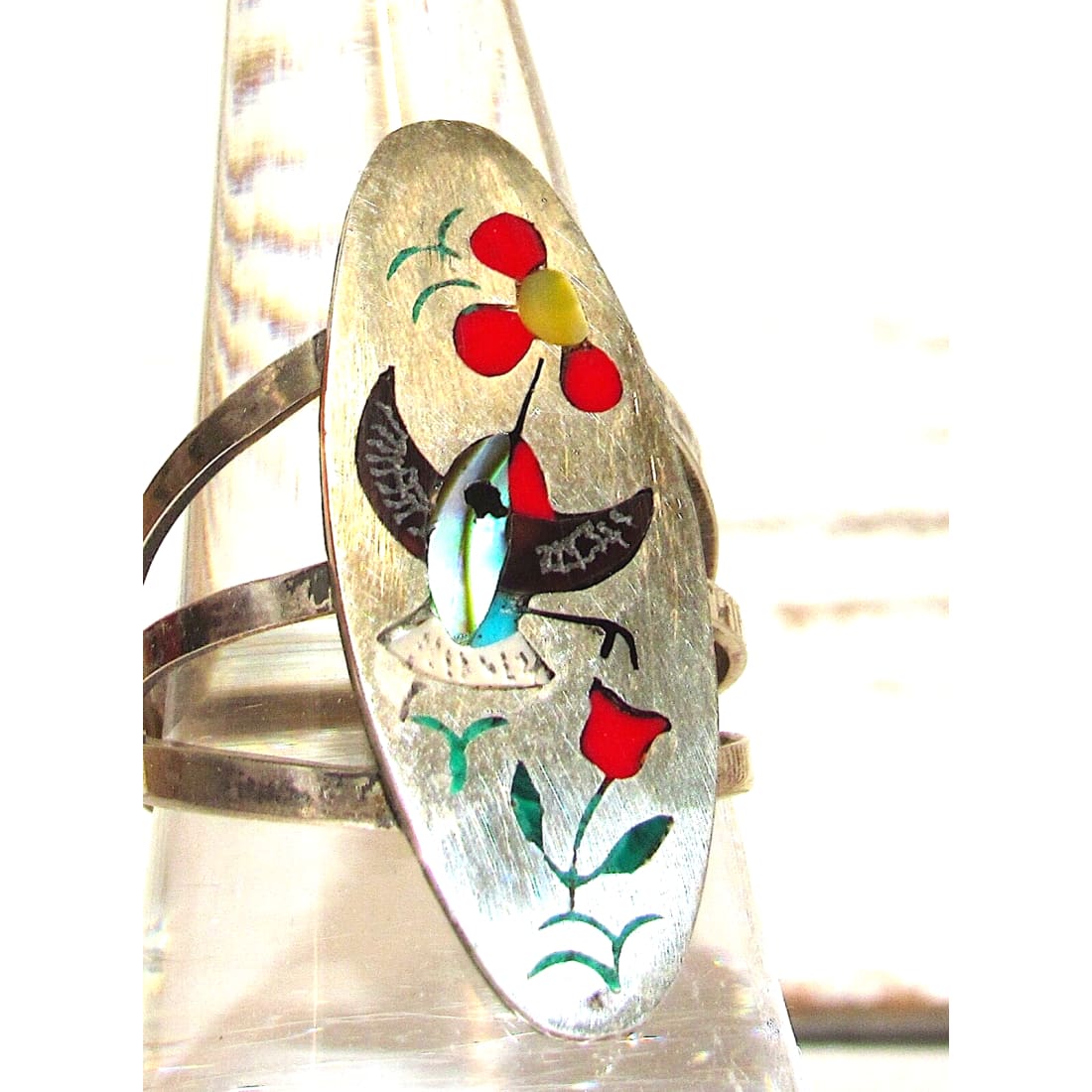 VTG Zuni Inlay Hummingbird Ring Size 8 Sterling Silver Sammy