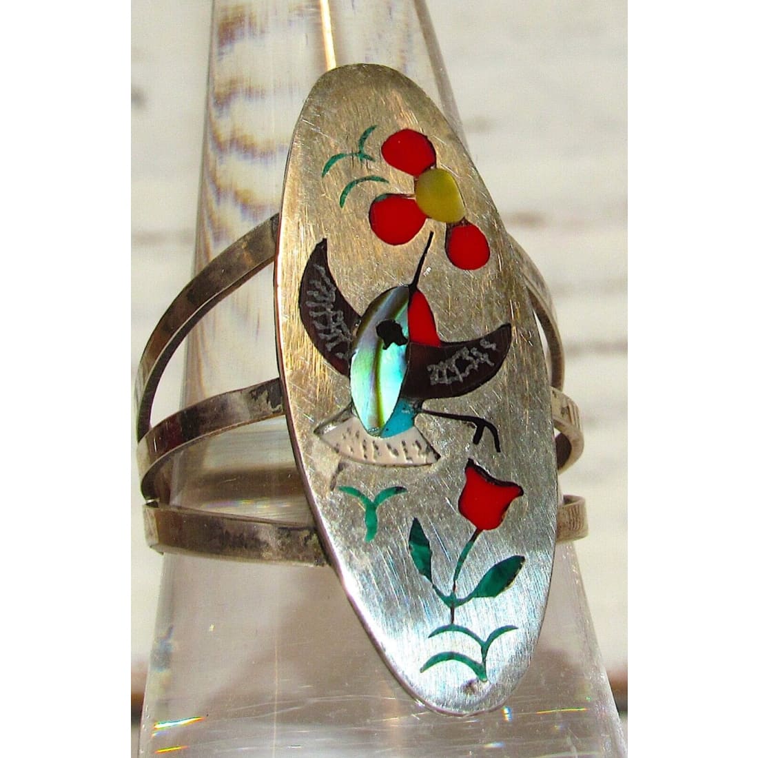 VTG Zuni Inlay Hummingbird Ring Size 8 Sterling Silver Sammy