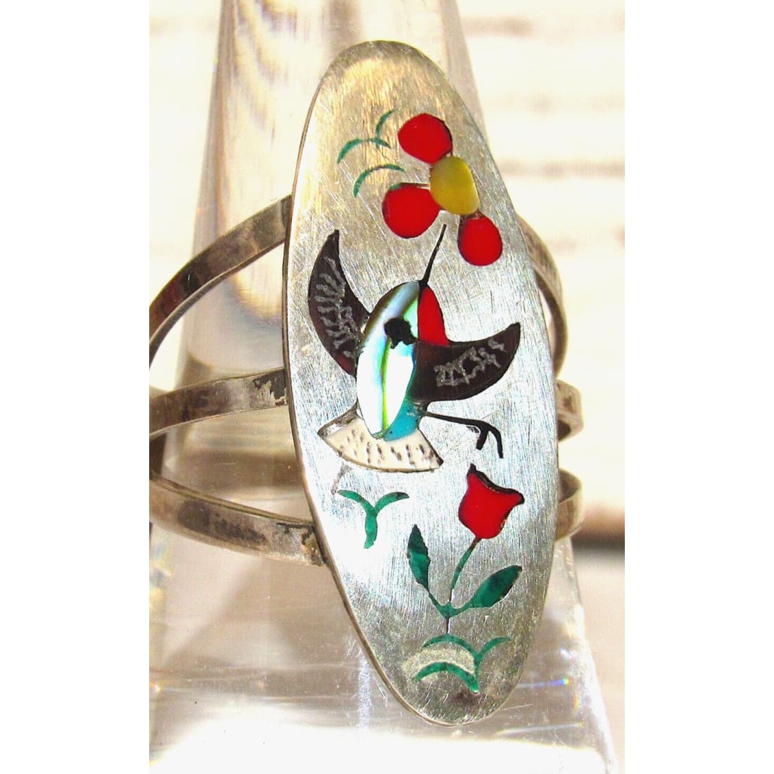 VTG Zuni Inlay Hummingbird Ring Size 8 Sterling Silver Sammy