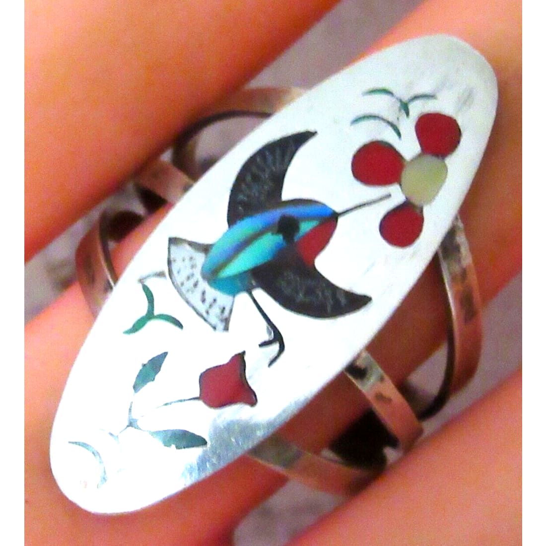 VTG Zuni Inlay Hummingbird Ring Size 8 Sterling Silver Sammy