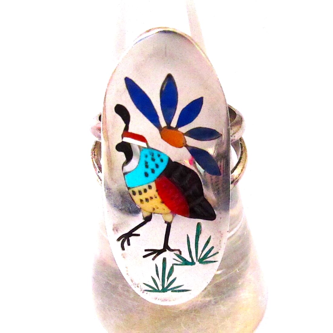 VTG Zuni Inlay Quail Bird Ring Size 7 Q Quam Sterling Silver