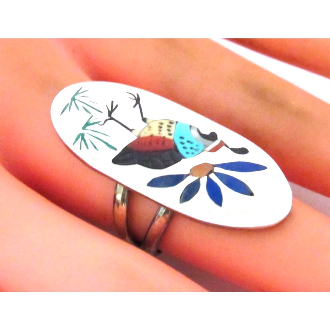 VTG Zuni Inlay Quail Bird Ring Size 7 Q Quam Sterling Silver