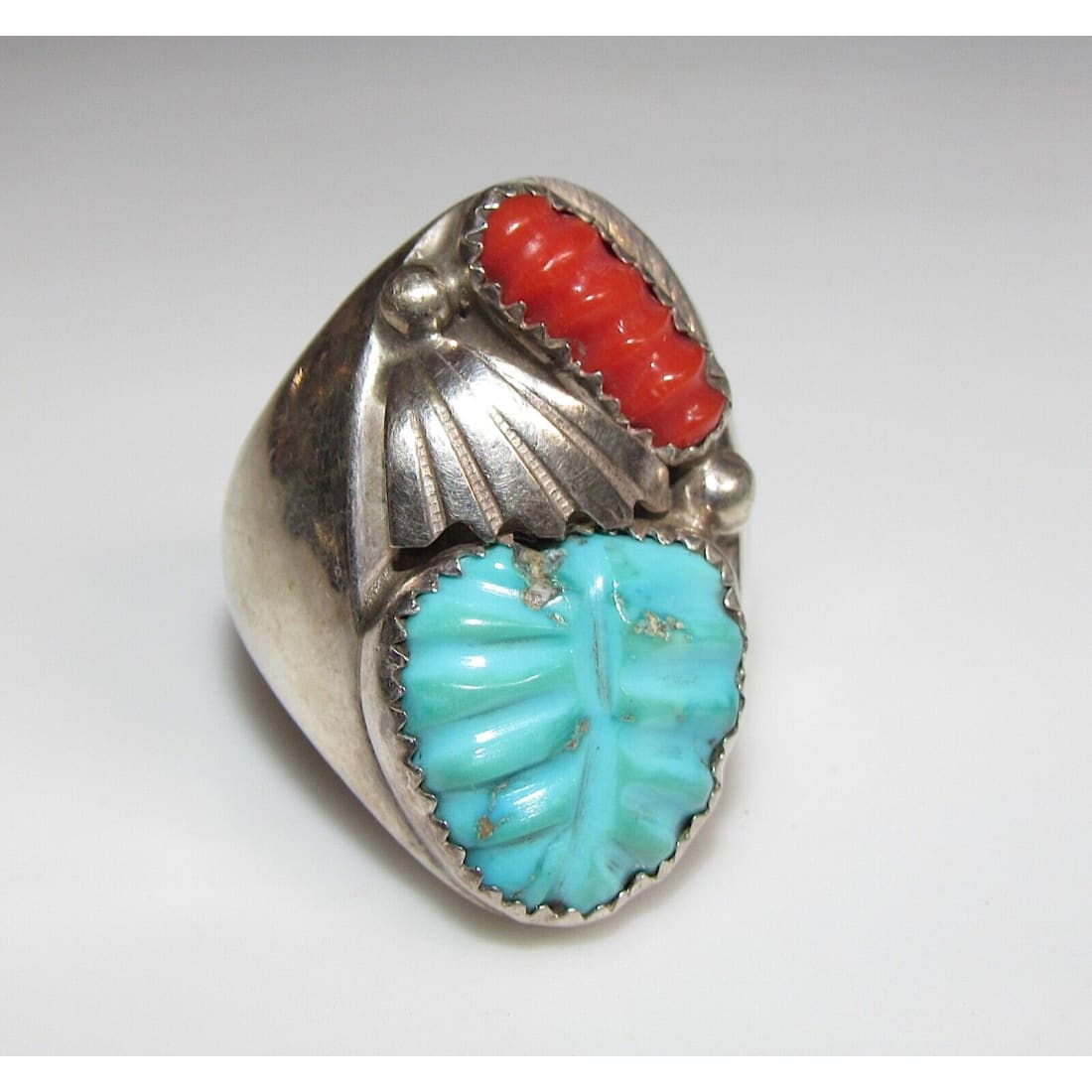 VTG Zuni Men Turquoise Coral Ring Sz 11 Hand Carved Leaf 