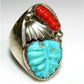 VTG Zuni Men Turquoise Coral Ring Sz 11 Hand Carved Leaf 