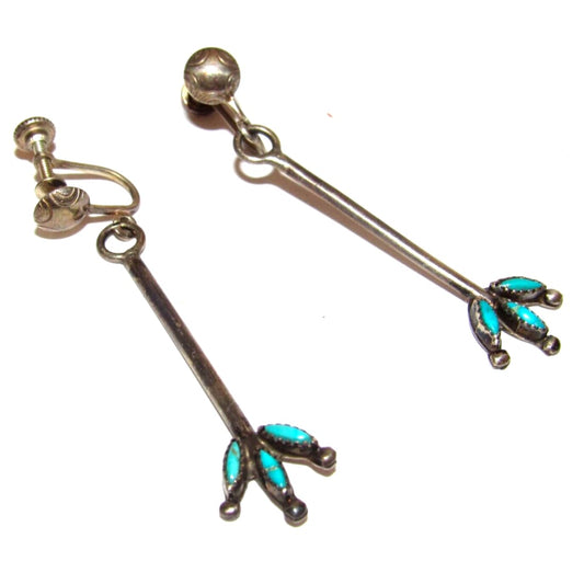 VTG Zuni Petit Point Turquoise Dangle Earrings Sterling 