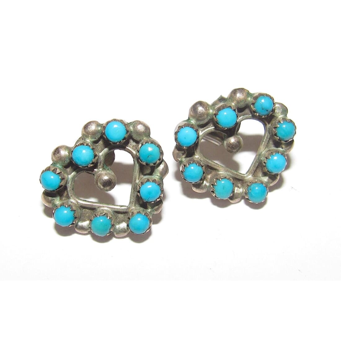 VTG Zuni Snake Eye Turquoise Heart Earrings Sterling Silver 