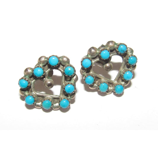 VTG Zuni Snake Eye Turquoise Heart Earrings Sterling Silver 