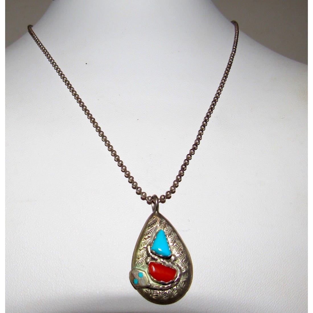 VTG Zuni Snake Pendant Turquoise Coral Sterling Silver 