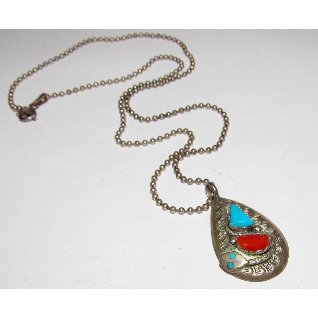 VTG Zuni Snake Pendant Turquoise Coral Sterling Silver 