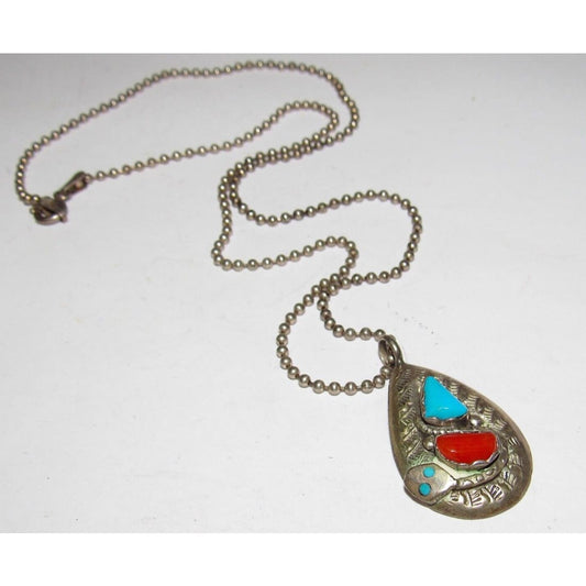 VTG Zuni Snake Pendant Turquoise Coral Sterling Silver 