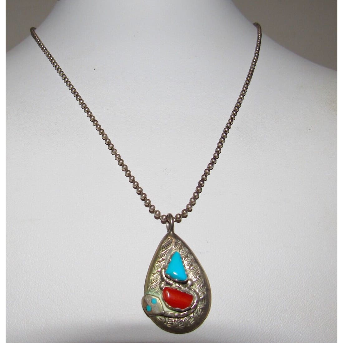 VTG Zuni Snake Pendant Turquoise Coral Sterling Silver 