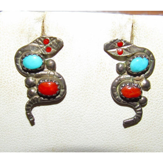 VTG Zuni Snake Stud Earrings Sterling Silver Turquoise Nieto