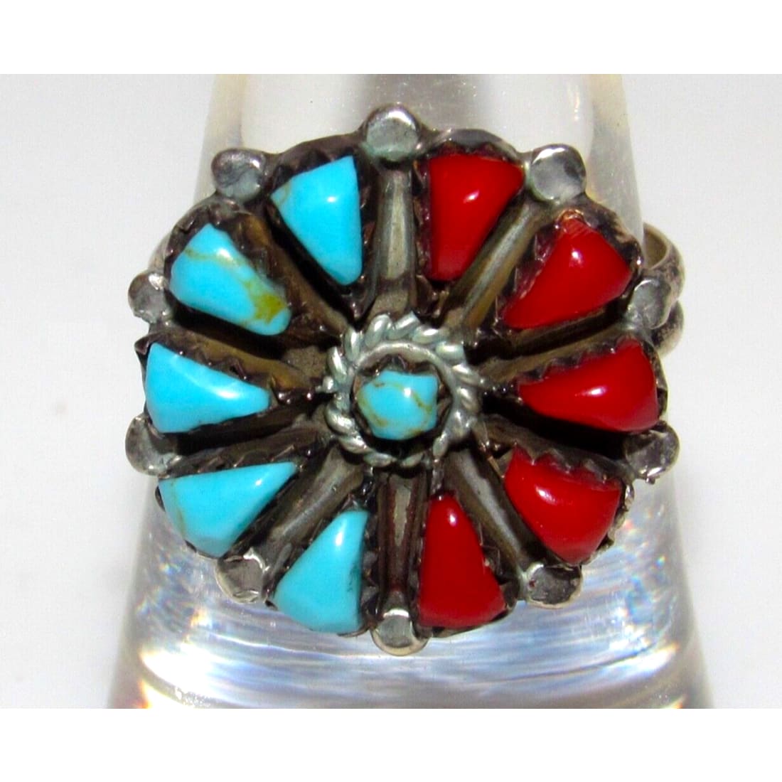 VTG Zuni Turquoise Coral Cluster Ring Size 7 Sterling Silver