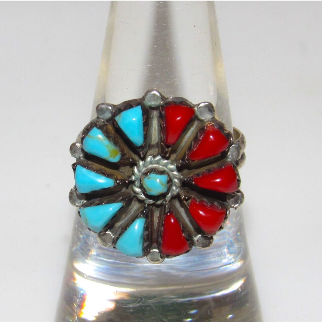 VTG Zuni Turquoise Coral Cluster Ring Size 7 Sterling Silver