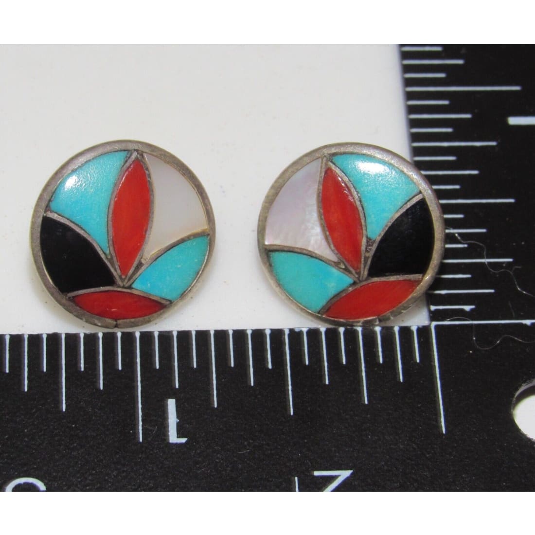 VTG Zuni Turquoise Coral Inlay Post Earrings Sterling Silver