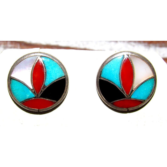 VTG Zuni Turquoise Coral Inlay Post Earrings Sterling Silver