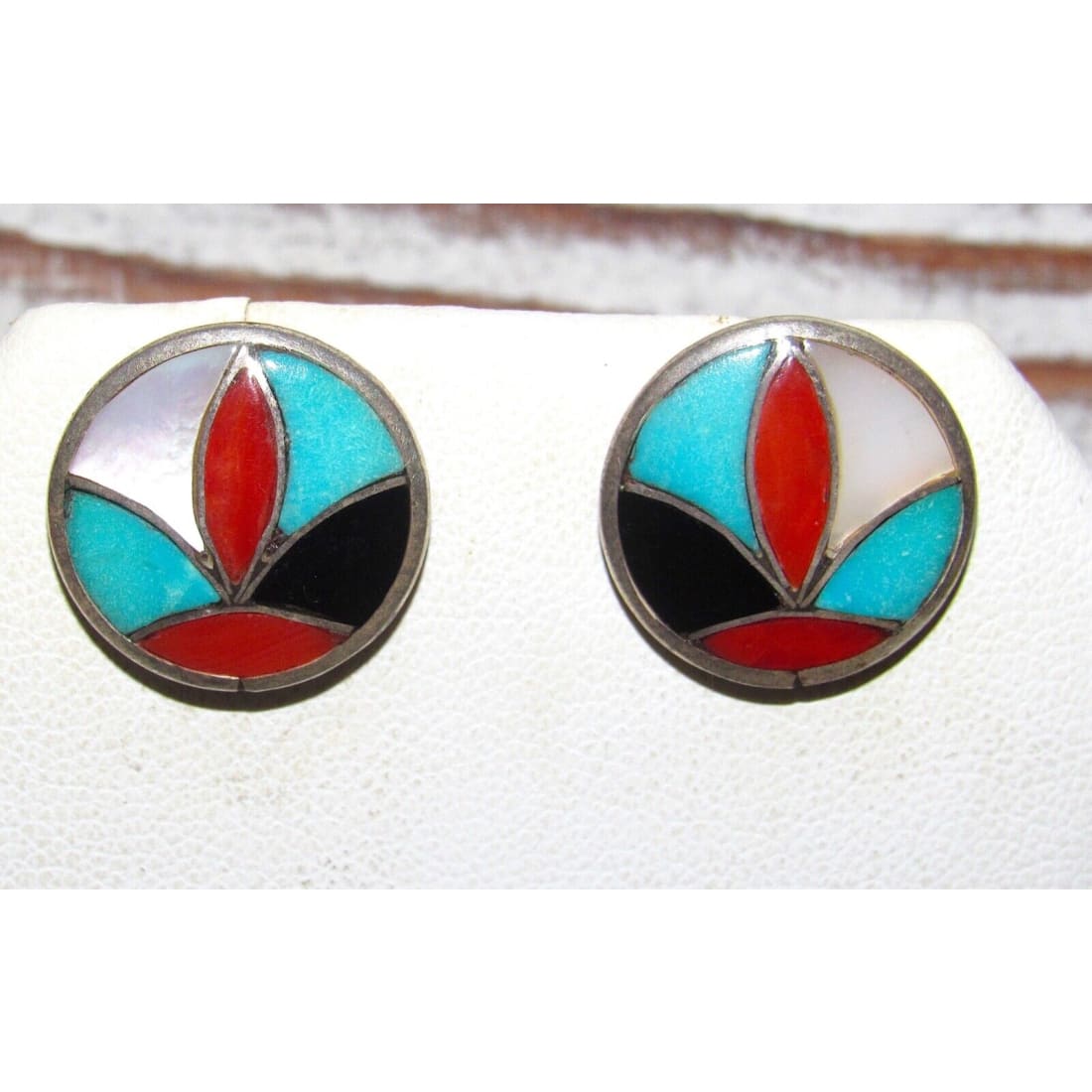 VTG Zuni Turquoise Coral Inlay Post Earrings Sterling Silver