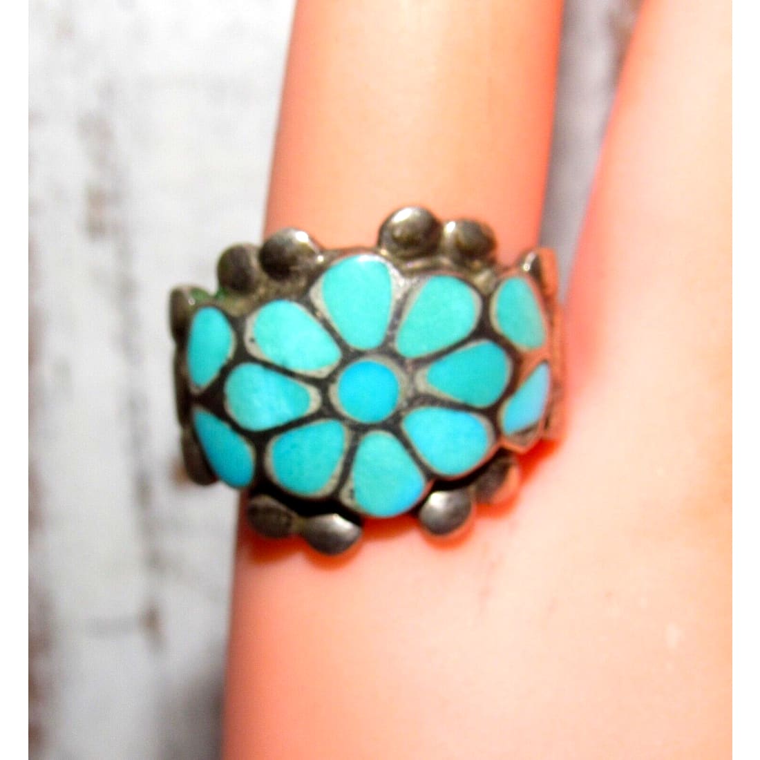 VTG Zuni Turquoise Inlay Flower Ring Size 5.5 Turquoise 
