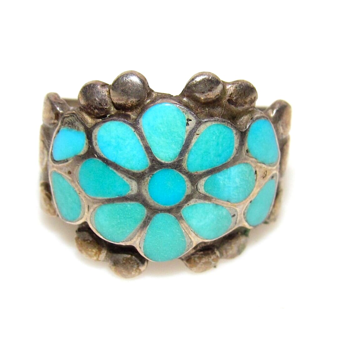 VTG Zuni Turquoise Inlay Flower Ring Size 5.5 Turquoise 