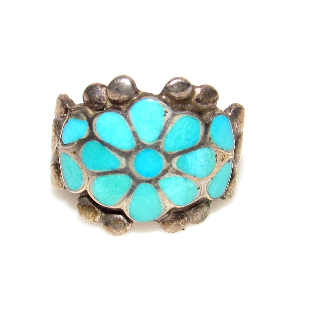 VTG Zuni Turquoise Inlay Flower Ring Size 5.5 Turquoise 