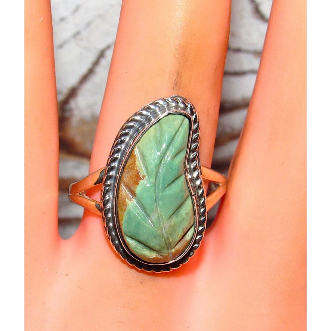Zuni Carved Royston Turquoise Leaf Ring Size 9 Sterling