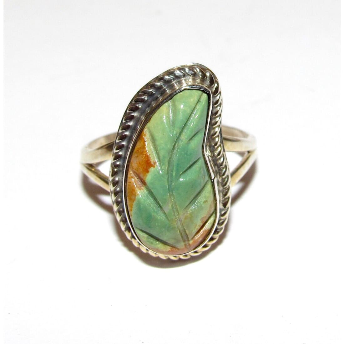 Zuni Carved Royston Turquoise Leaf Ring Size 9 Sterling