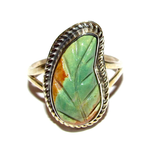 Zuni Carved Royston Turquoise Leaf Ring Size 9 Sterling